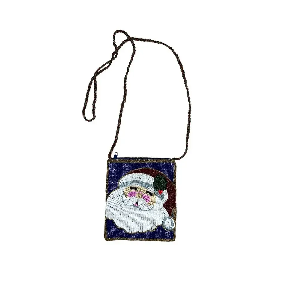 Beaded Christmas Jolly Santa Claus crossbody purse bag multi colored